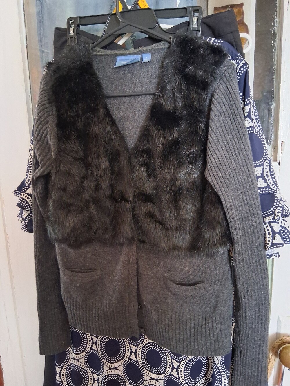 Simply Vera Vera Wang Dark Gray Knit Cardigan with Black Faux Fur Front